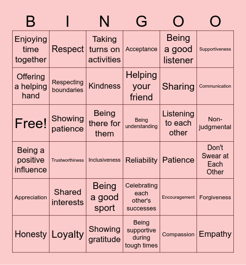 Friendship Bingo Card