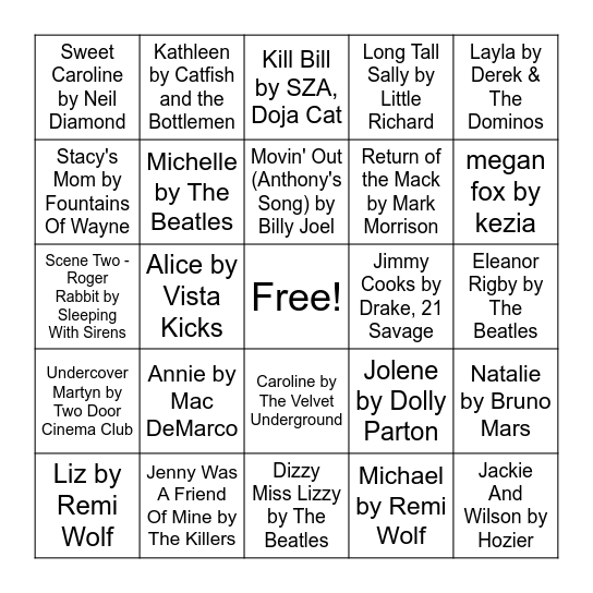 Music Bingo Card