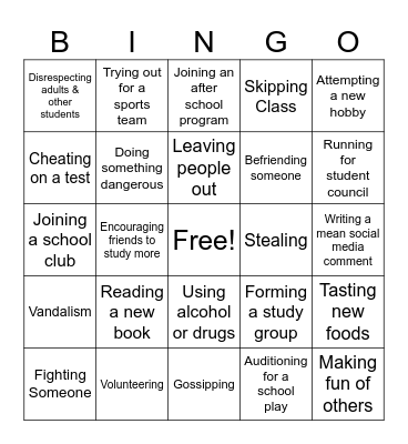 Peer Pressure Bingo Card