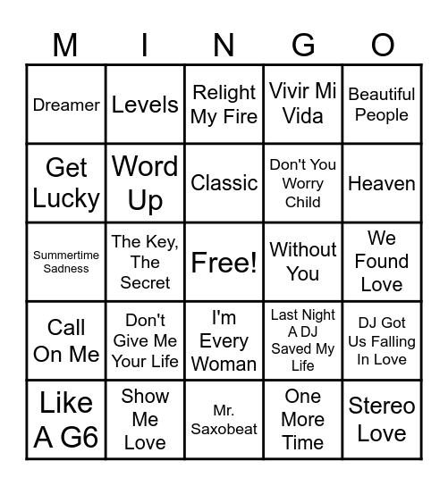 Dance Party 1 Bingo Card