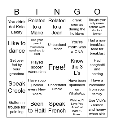 Haitian Bingo Card