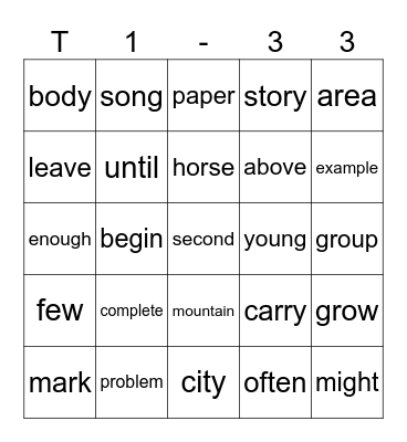 33 Bingo Card