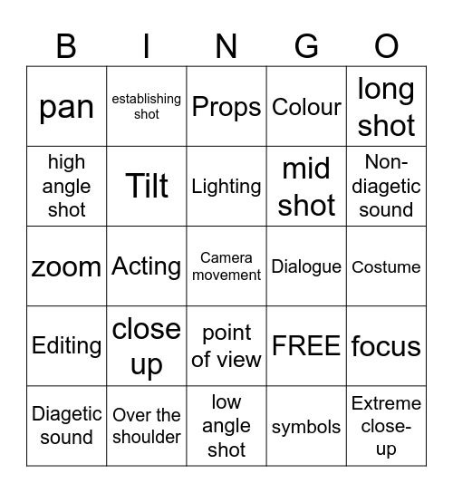 Year 10 Film Techniques - Bingo Card