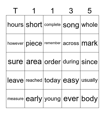 T 35 Bingo Card