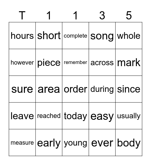 T 35 Bingo Card