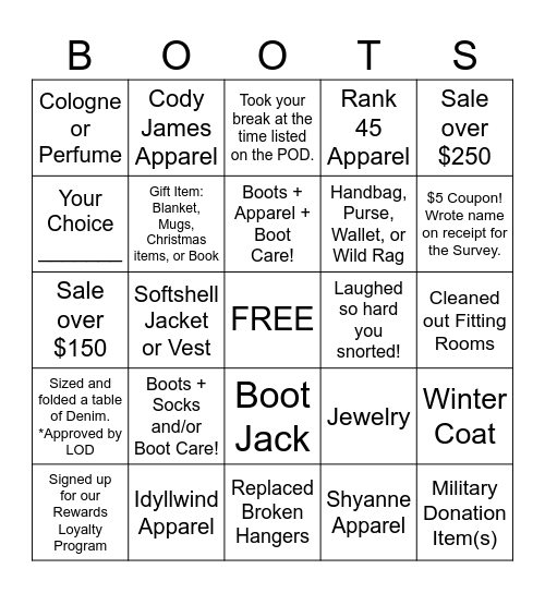 Boot Barn Bingo Card
