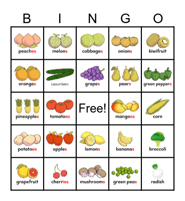 Plural Fruits and Vegetables Bingo Card