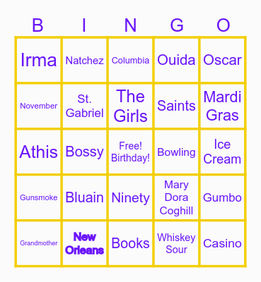 SUE ANN BINGO Card