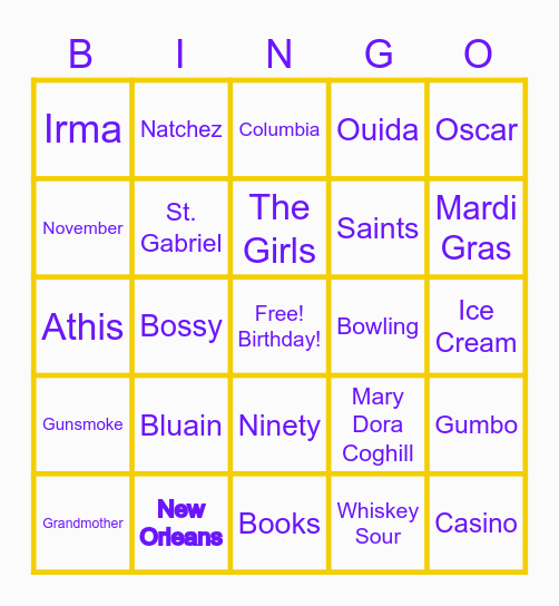 SUE ANN BINGO Card