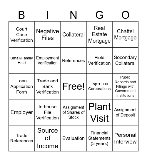 Credit and Collection Bingo Card