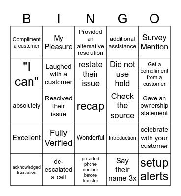 Call Flow Bingo Card