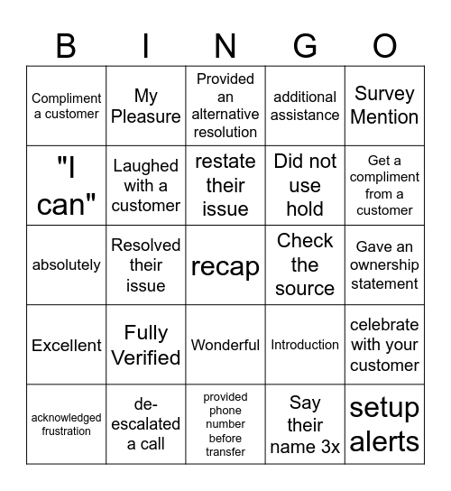 Call Flow Bingo Card