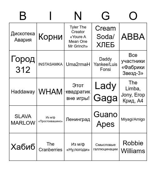 НОВОГОДНЕЕ БИНГО. Угадай исполнителя и вычеркни его в карточке, составляй 1 линию, 2 линии, всю карточку и кричи "БИНГО" Bingo Card