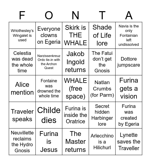 Genshin Impact Story Bingo Card