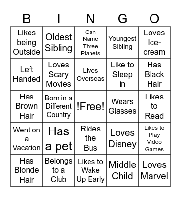 All About Me! Bingo Card