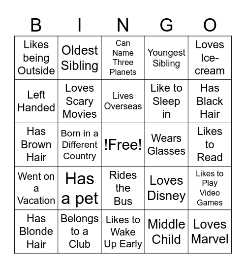 All About Me! Bingo Card