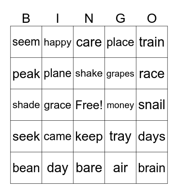 long a and e Bingo Card