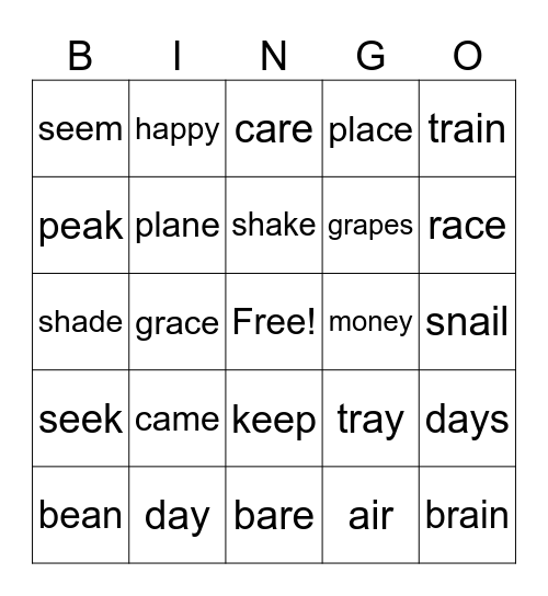long a and e Bingo Card
