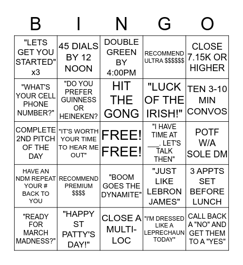 St Patty's Day BINGO Card