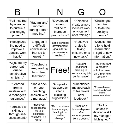 Managerial Coaching Reflection Bingo Card