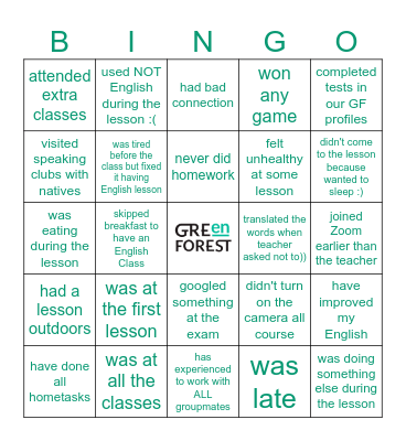 Final Lesson Bingo Card