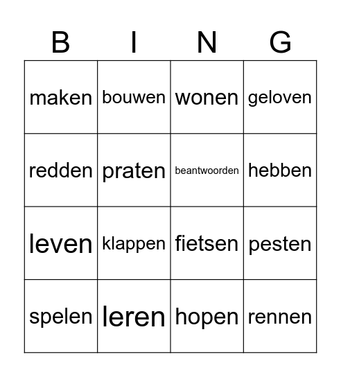 Werkwoorden Bingo Card