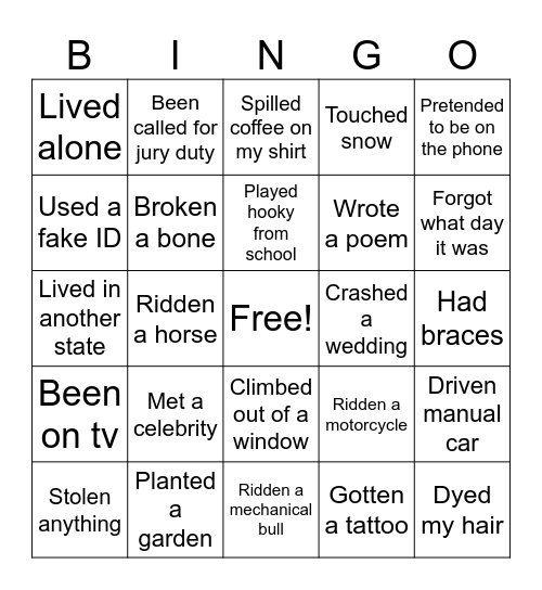 Never Have I Ever Bingo Card