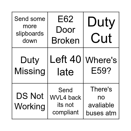 Sullivan Buses Rail Replacement Bingo Card
