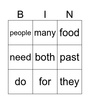 Unit 3 Words Bingo Card