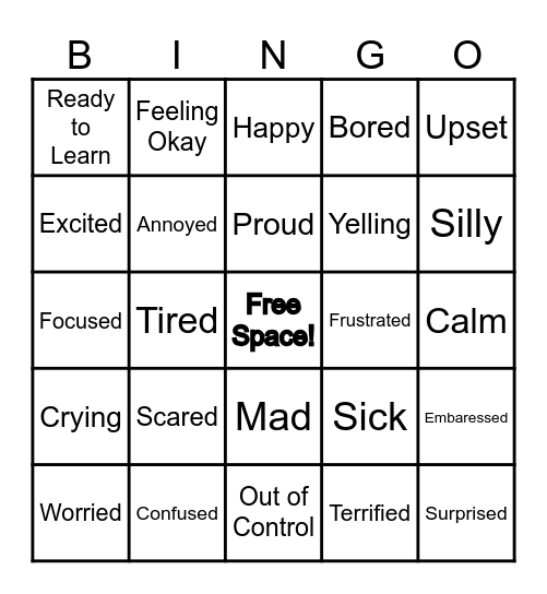ZONES of Regulation Bingo Card