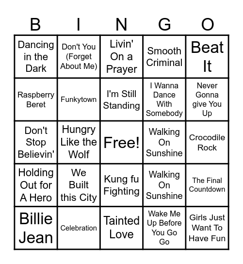 80's Throwbacks Bingo Card