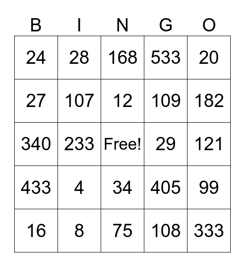 Bingo III Numbers _ Bigger Bingo Card