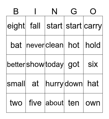 Site Words Bingo Card