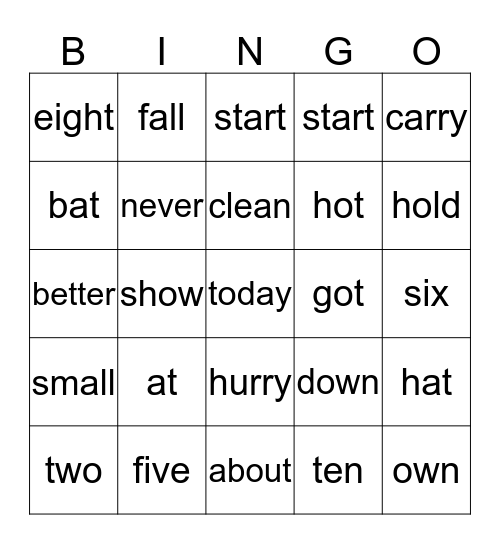 Site Words Bingo Card