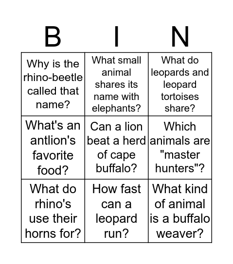 Africa's Big and Little 5 Bingo Card