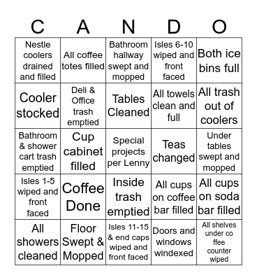 Custodian Bingo Card