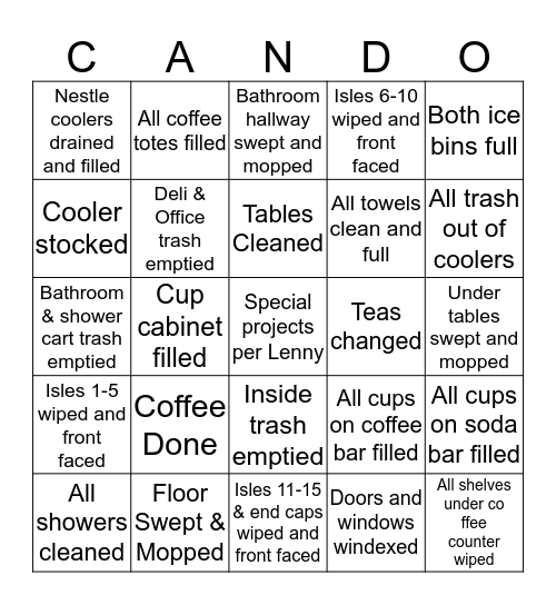 Custodian Bingo Card