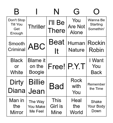 Michael Jackson Hits Bingo Card