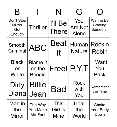 Michael Jackson Hits Bingo Card