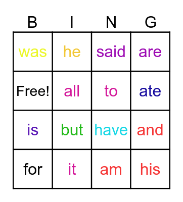 Sight words Bingo Card
