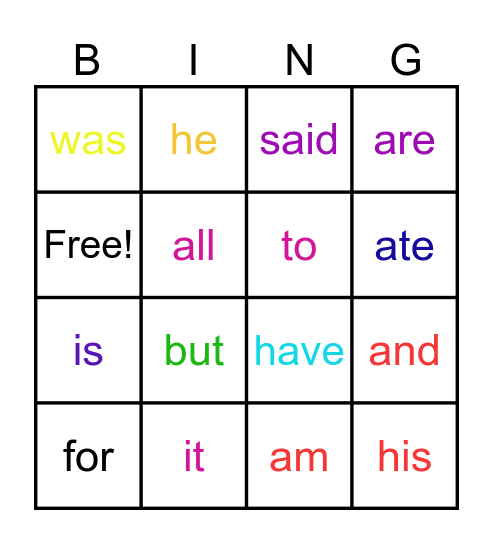 Sight words Bingo Card