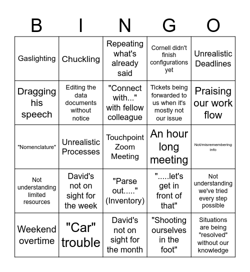 David's Touchpoint Bingo Card