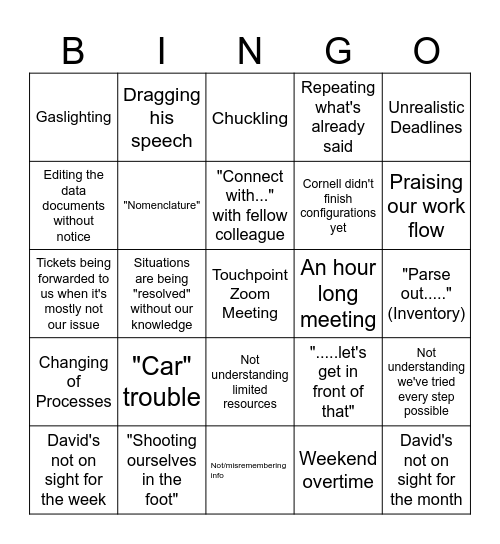 David's Touchpoint Bingo Card