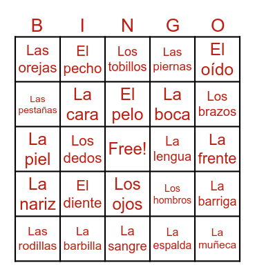 Las Partes del Cuerpo Bingo Card
