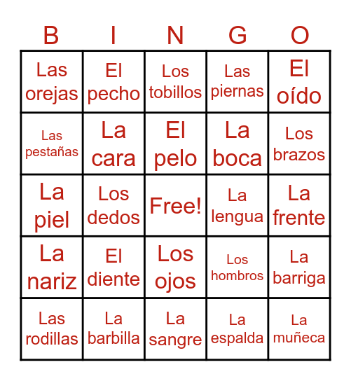 Las Partes del Cuerpo Bingo Card