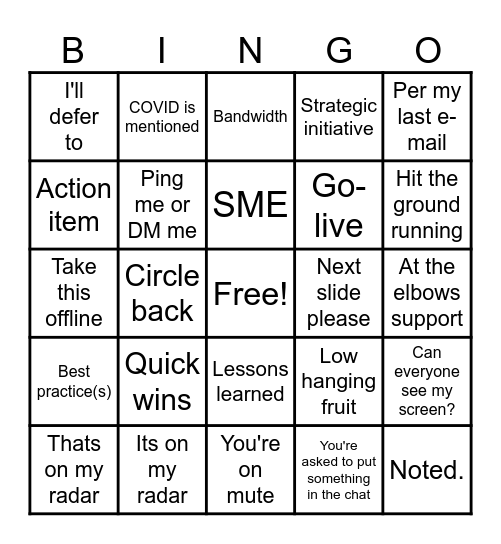 Corporate ZOOM Bingo Card
