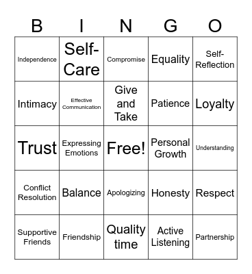 Healthy Relationships Bingo Card