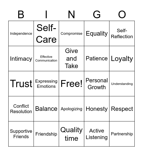 Healthy Relationships Bingo Card