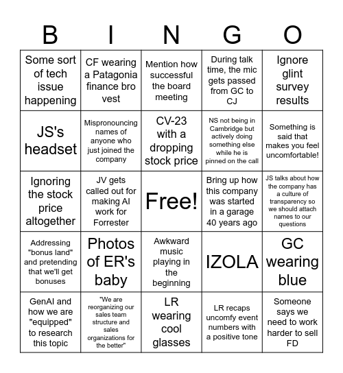 Company Meeting Bingo Card