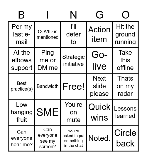 Corporate ZOOM Bingo Card